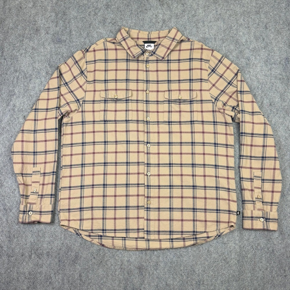 Nike SB Mens XL Plaid Flannel Button Up Shirt Tan Navy DA4250-247